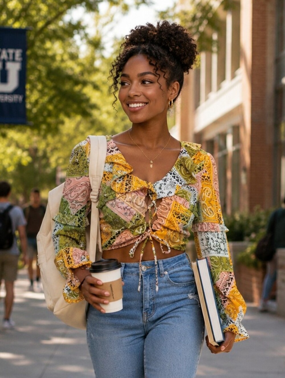 JOLIE & JOY Multicolor Patchwork Tie-Front CROP Blouse NWT